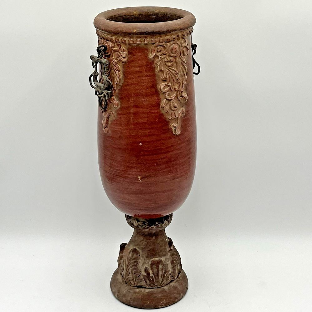 Vintage Tall Ceramic Vase Rustic Urn w/ Metal Handles Brown Decor